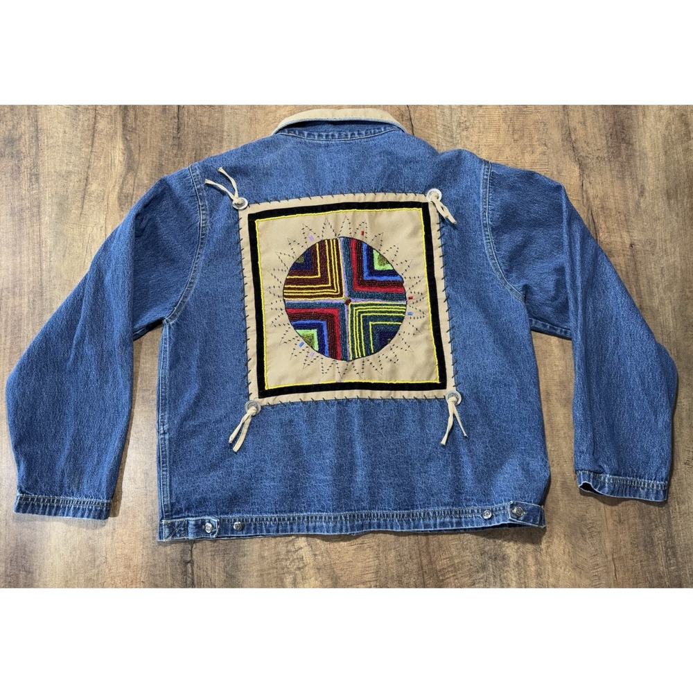 Vintage RS Sport Large Denim Jacket Zip Front Beaded Southwest Aztec Boho Size L